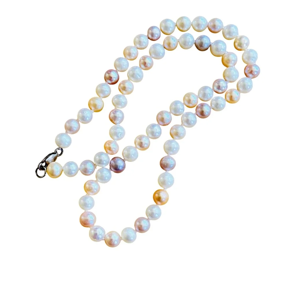 Pearl Necklace VTG Cultured Fresh-Water Tri-Color Beaded Knotted 925 Sterling